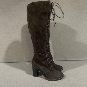 LEILA STONE Women's Size 7 Black Lace Up Knee High Block Heel Boots Faux Suede